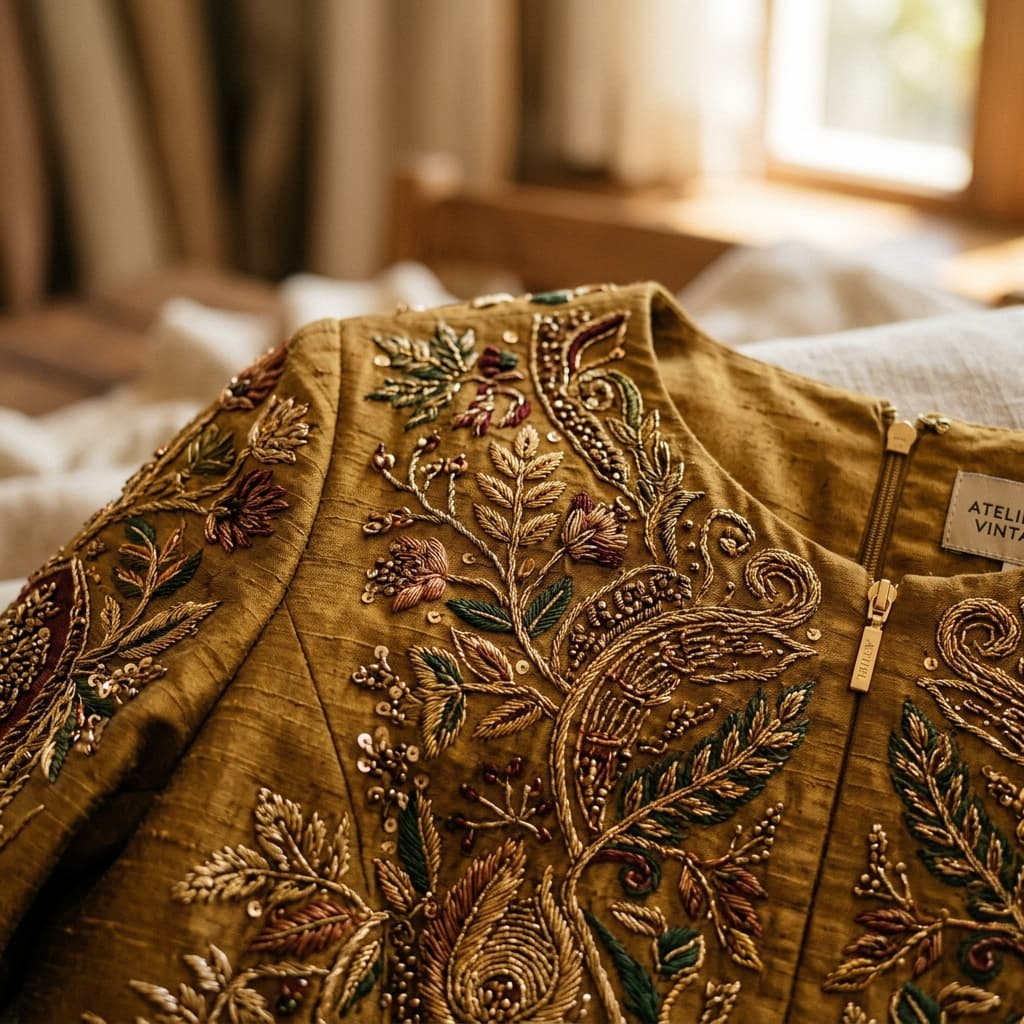 Fine Indian Fashion Craftsmanship and Hand Zari Stitching Detail at Shahi Boutique